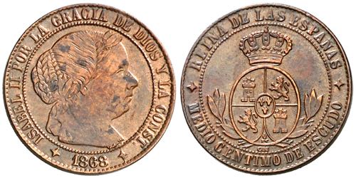 1868. Isabel II. Jubia. OM. 1/2 ... 
