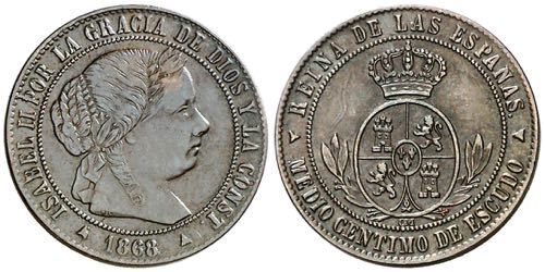 1868. Isabel II. Segovia. OM. 1/2 ... 