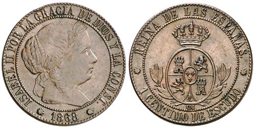 1868. Isabel II. Barcelona. OM. 1 ... 