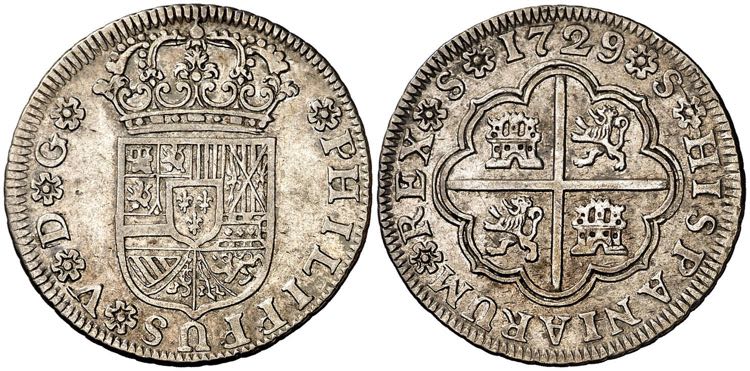 1729. Felipe V. Sevilla. 2 reales. ... 