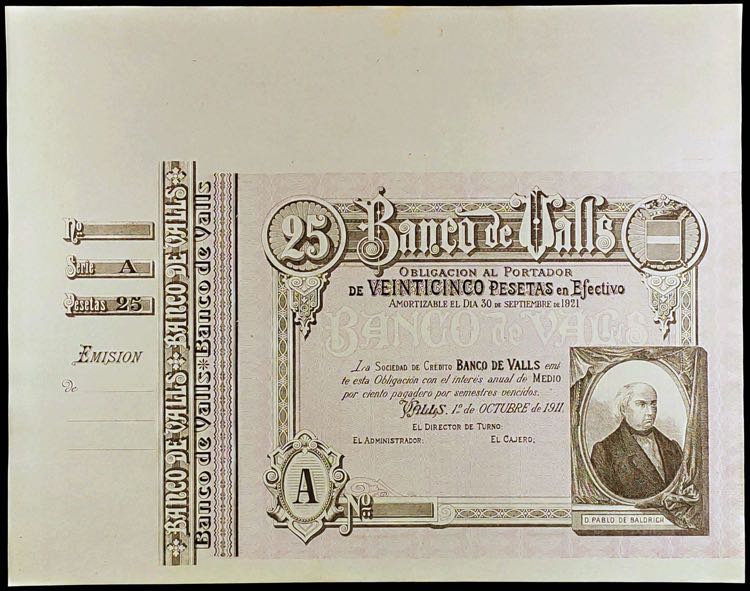 1911. Banco de Valls. 25 pesetas. ... 
