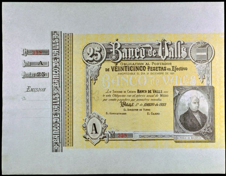 1922. Banco de Valls. 25 pesetas. ... 