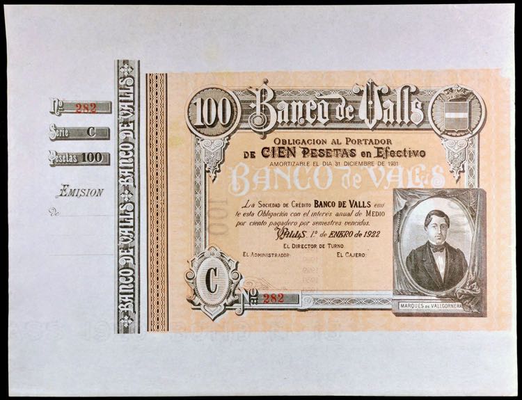 1922. Banco de Valls. 100 pesetas. ... 