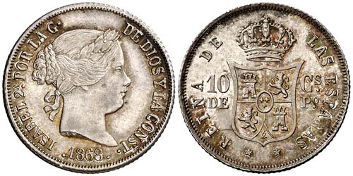 1868. Isabel II. Manila. 10 ... 