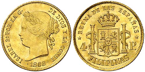 1868. Isabel II. Manila. 4 pesos. ... 