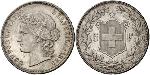 Suiza. 1889. B (Berna). 5 francos. ... 