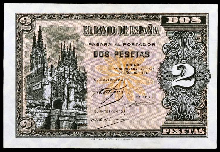 1937. Burgos. 2 pesetas. (Ed. D27) ... 