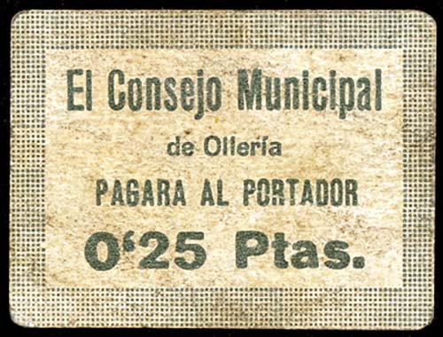 Ollería (Valencia). 0,25 pesetas. ... 