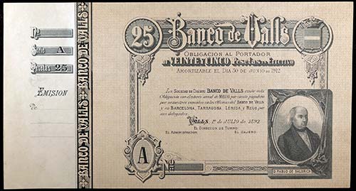 1892. Banco de Valls. 25 pesetas. ... 