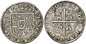 1708. Felipe V. València. F. 2 reales. ... 