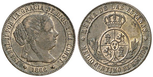 1866. Isabel II. Barcelona. OM. 1/2 céntimo ... 