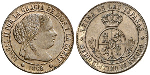 1868. Isabel II. Barcelona. OM. 1/2 céntimo ... 