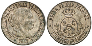 1867. Isabel II. Barcelona. 1 céntimo de ... 