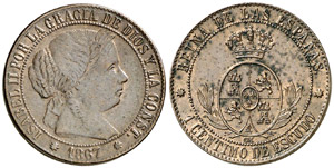 1867. Isabel II. Barcelona. OM. 1 céntimo ... 