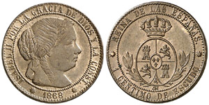 1868. Isabel II. Barcelona. OM. 1 céntimo ... 