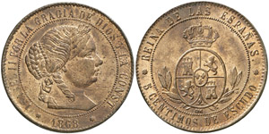 1868. Isabel II. Barcelona. OM. 5 céntimos ... 