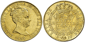 1838. Isabel II. Barcelona. PS. 80 reales. ... 