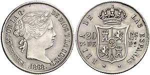 1868. Isabel II. Manila. 20 centavos. (Cal. ... 