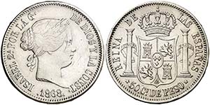 1868. Isabel II. Manila. 50 centavos. (Cal. ... 