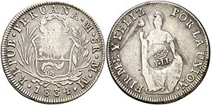 Resello  en reverso sobre 8 reales de Perú, ... 