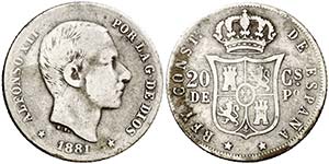 1881. Alfonso XII. Manila. 20 centavos. ... 