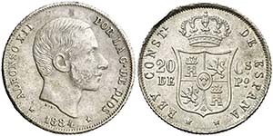 1884. Alfonso XII. Manila. 20 centavos. ... 