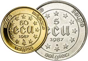 1987. Bélgica. 5 y 50 ecu. (Kr. 166 y 167). ... 