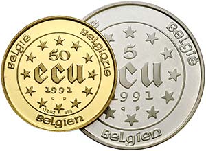1991. Bélgica. 5 y 50 ecu. (Kr. 183 y 184) ... 
