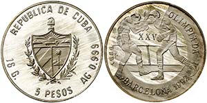 1989. Cuba. 5 pesos. (Kr. 224.1). 16 g. AG. ... 
