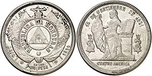 1890. Honduras. 1 peso. (Kr. 52). 25 g. AG. ... 