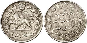 (1909-1911). Irán. 2 kran. (Kr. 1040). 9,35 ... 