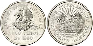 1950. México. 5 pesos. (Kr. 466). 27,78 g. ... 