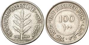 1927. Palestina. 100 mils. (Kr. 7). 11,45 g. ... 