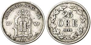 1878. Suecia. Óscar II. EB. 25 öre. (Kr. ... 