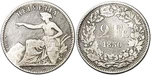 1850. Suiza. A (París). 2 francos. (Kr. ... 
