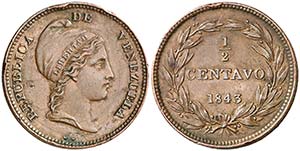 1843. Venezuela. 1/2 centavo. (Kr. 2). 6,17 ... 