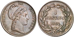 1852. Venezuela. Heaton. 1 centavo. (Kr. ... 