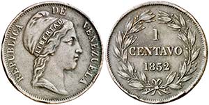 1852. Venezuela. 1 centavo. (Kr. 6). 10,89 ... 