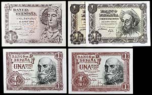 1948, 1951 y 1953. 1 peseta. 5 billetes: ... 