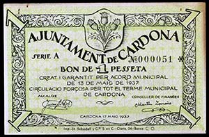 Cardona. 1 peseta. (T. 791). Nº 000051. ... 
