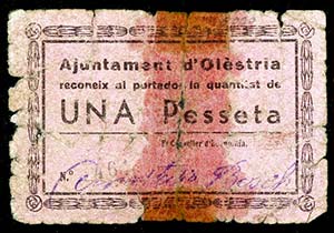 Olèstria. 1 peseta. (T. 1932b). Roto y ... 