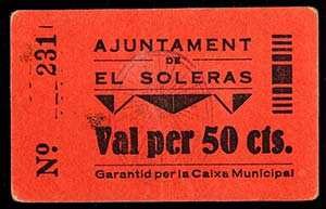 Soleràs, el. 5 (dos), 25, 50 céntimos y 1 ... 