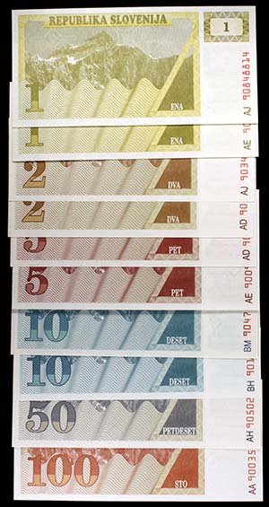 Eslovenia. 23 billetes de distintos valores ... 