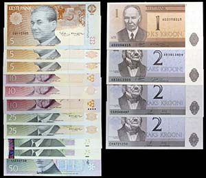 Estonia. 15 billetes de distintos valores y ... 