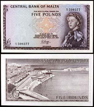 1967 (1968). Malta. Banco Central. 5 libras. ... 
