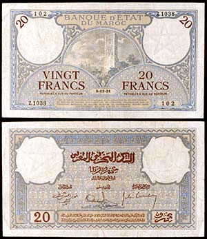 1931. Marruecos. Banco Estatal. 20 francos. ... 