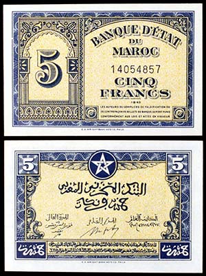 1943. Marruecos. Banco Estatal. 5 francos. ... 