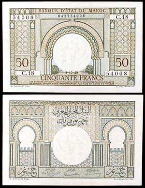 1949. Marruecos. Banco Estatal. 50 francos. ... 