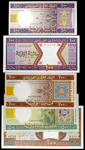 Mauritania. 5 billetes de distintos valores ... 