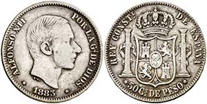 1883. Alfonso XII. Manila. 50 centavos. ... 